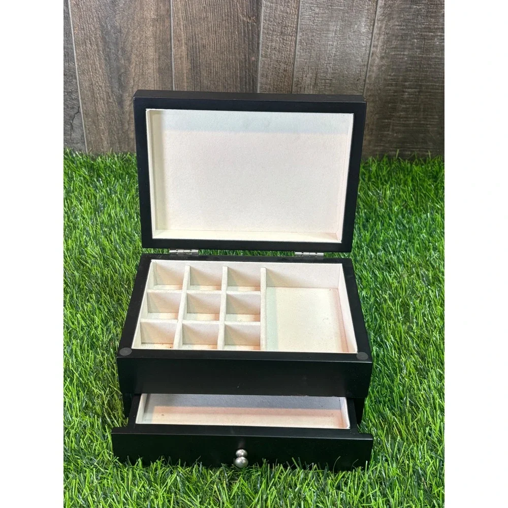 Black Wooden Jewelry Box Greek Key Mirrored Inlay 2 Tier Storage Organizer‎
